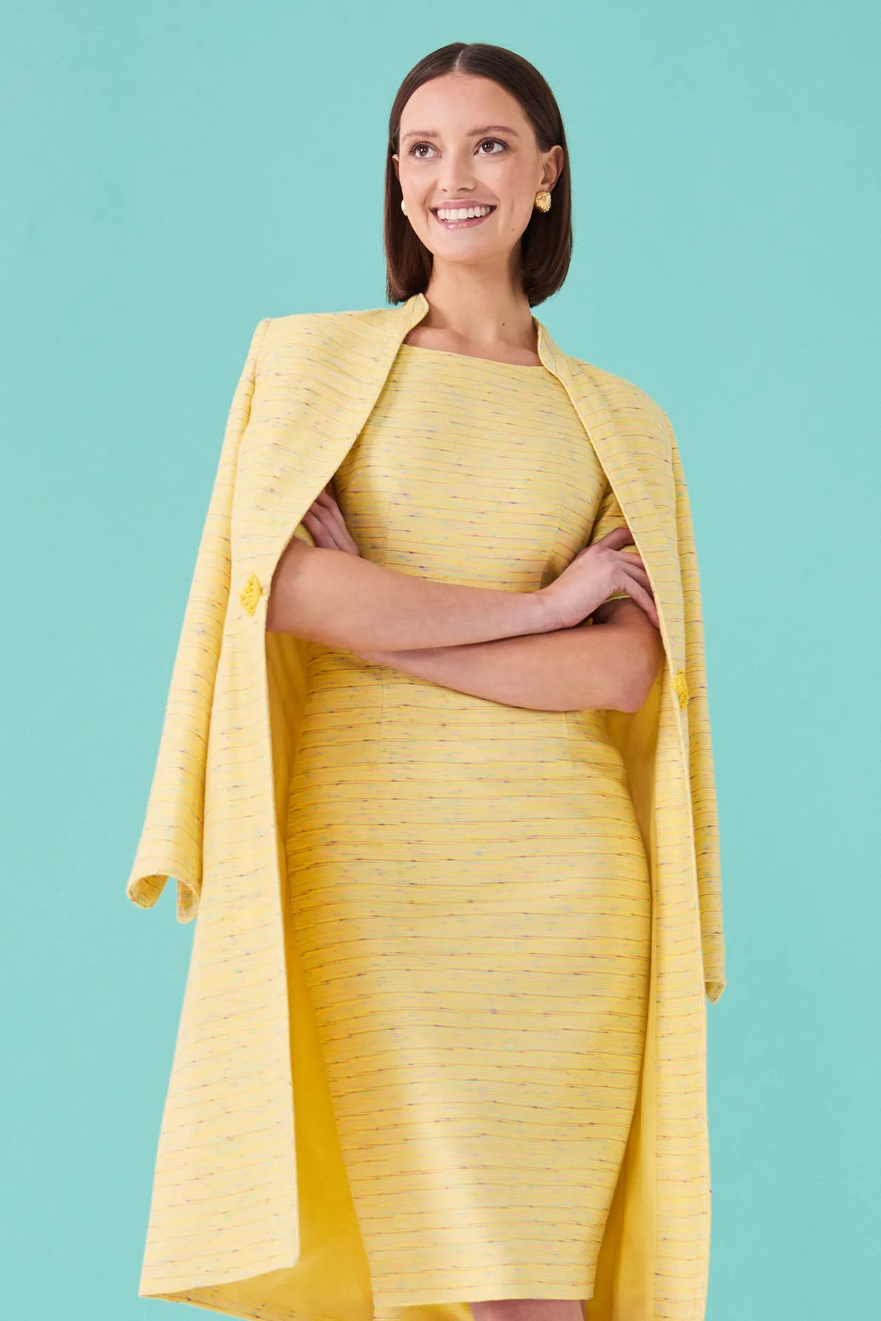 Yellow Dress Coat in Summer Slub Stripe with Self Trim and Frogging  - Vicky
