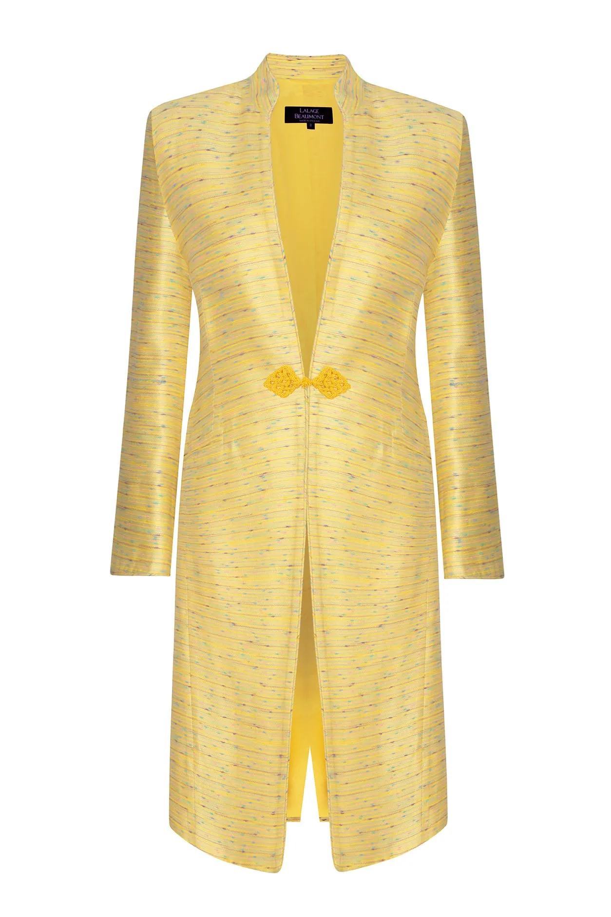 Yellow Dress Coat in Summer Slub Stripe with Self Trim and Frogging  - Vicky