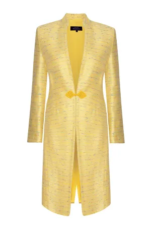 Yellow Dress Coat in Summer Slub Stripe with Self Trim and Frogging  - Vicky