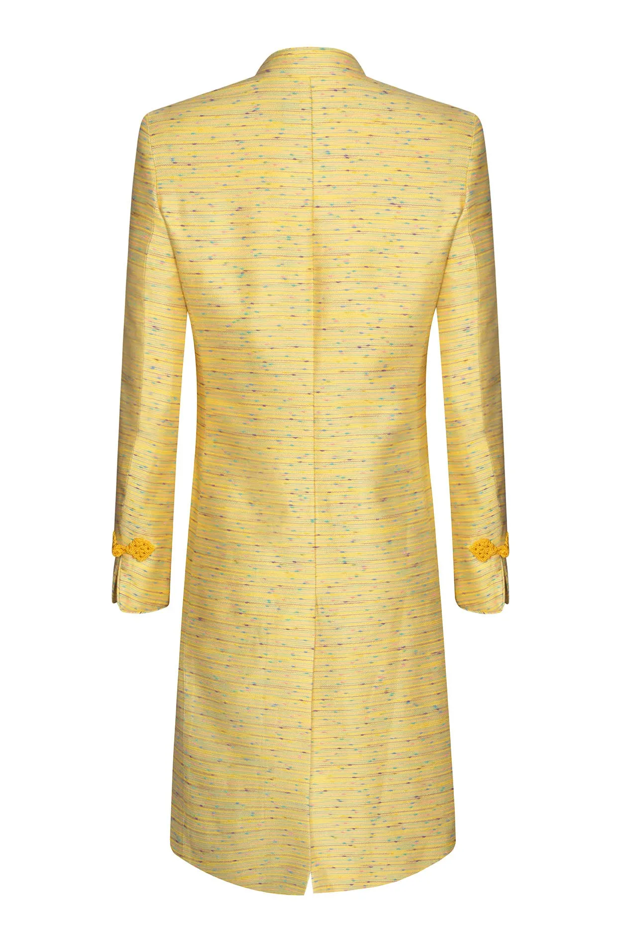 Yellow Dress Coat in Summer Slub Stripe with Self Trim and Frogging  - Vicky