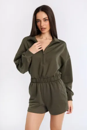 Zip-Up Fleece Long Sleeve Mock Neck Romper