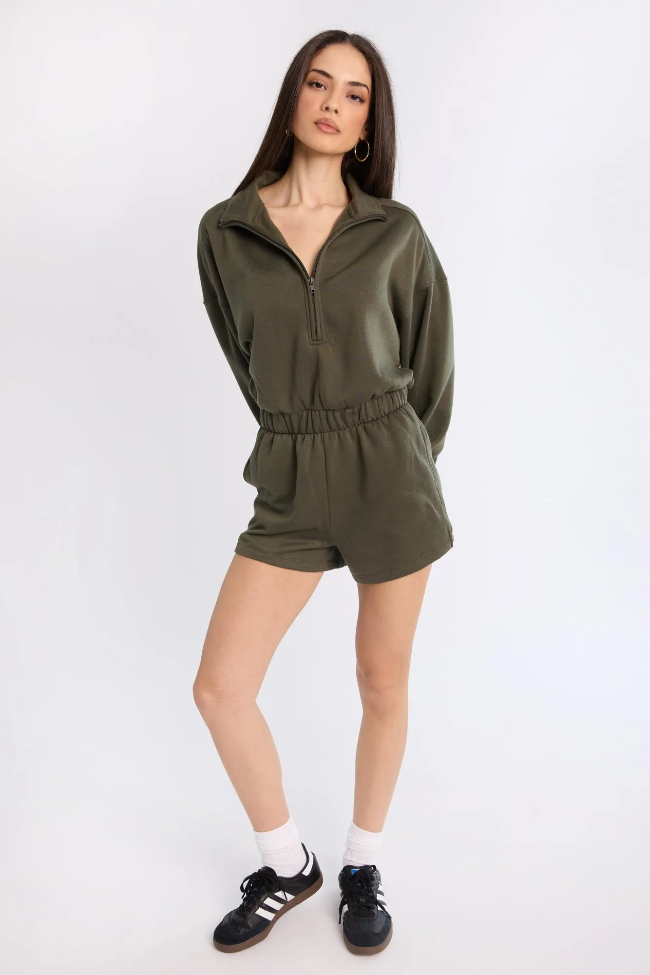Zip-Up Fleece Long Sleeve Mock Neck Romper