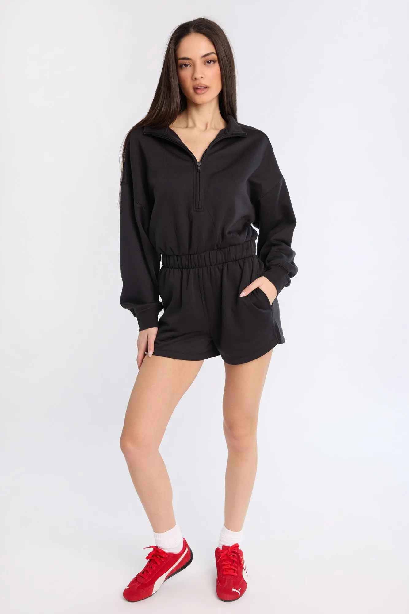 Zip-Up Fleece Long Sleeve Mock Neck Romper
