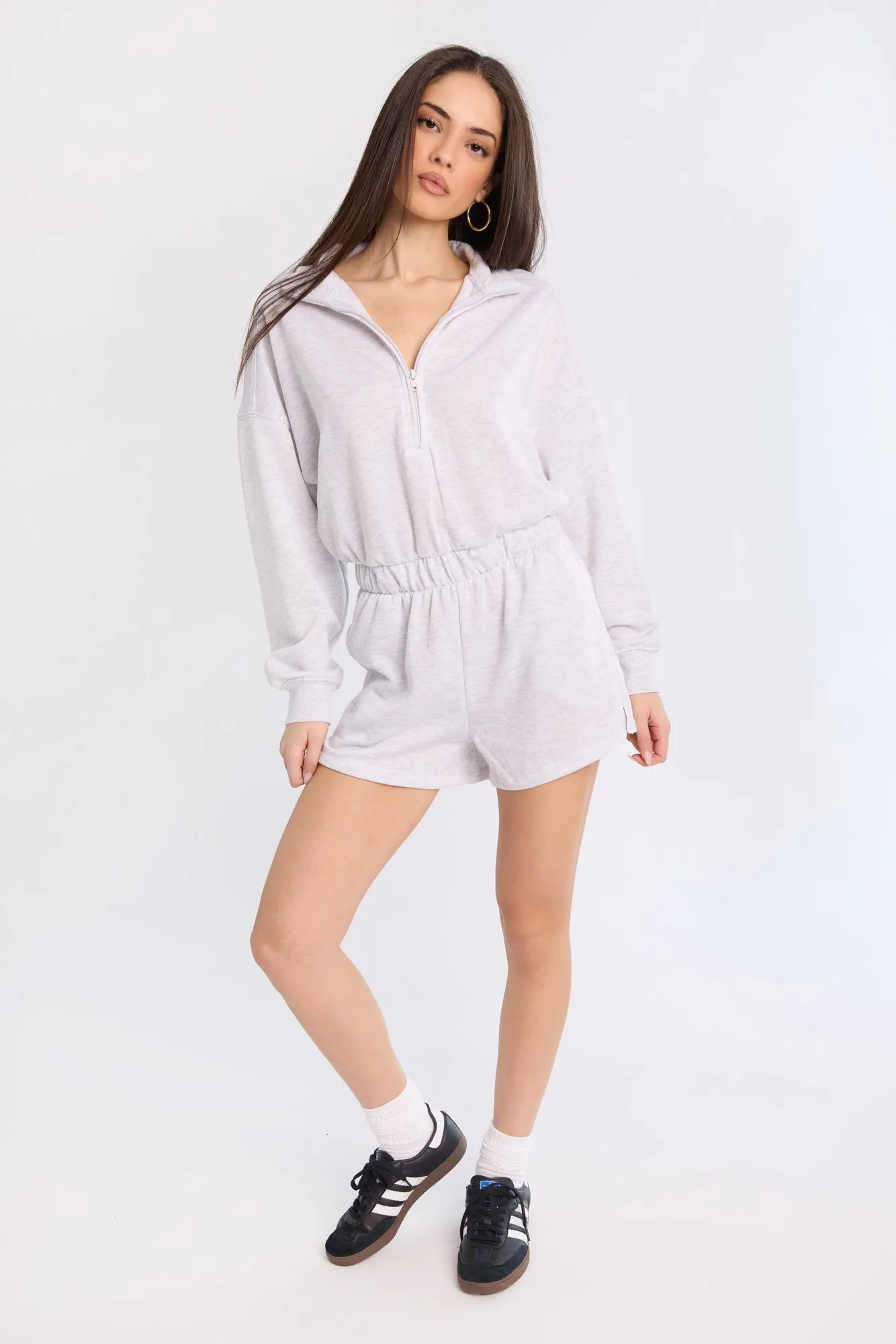 Zip-Up Fleece Long Sleeve Mock Neck Romper